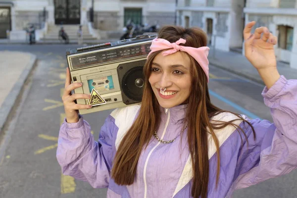 Stylish Hipster Woman Wearing Headband Piercing Holding Tape Recorder Urban — Stock Photo, Image