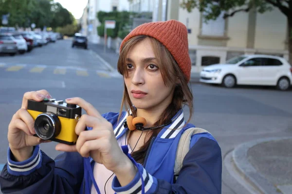 Student Tourist Woman Making Photo City — Stock Photo, Image