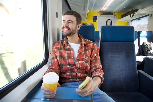 Portrait Handsome Happy Young Man Travelling Train — Stock Photo, Image