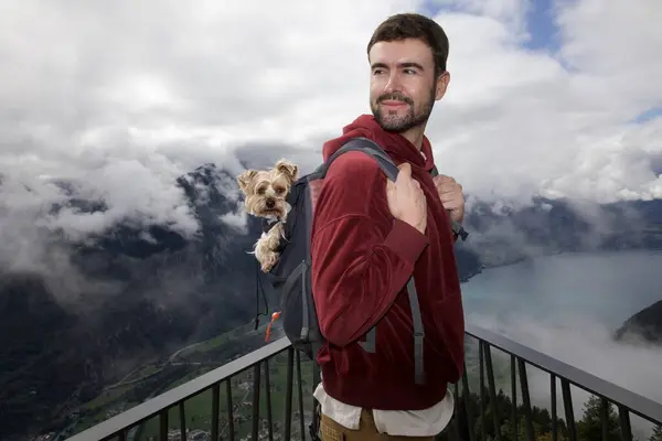 Sırt çantasında sevimli köpeğiyle gezen yakışıklı, mutlu genç adamın portresi.