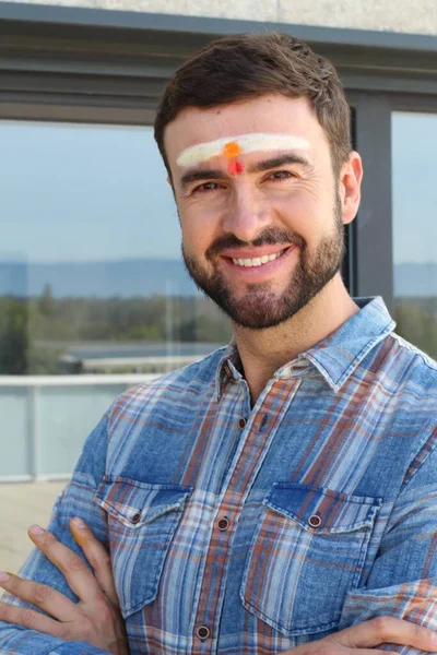 Portrait Handsome Young Indian Man Third Eye Chakra Paint — Stock Photo, Image