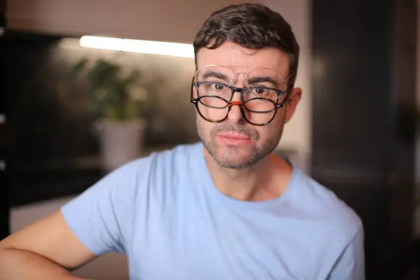 Man Wearing Three Different Types Eyeglasses Simultaneously — Stockfoto