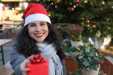 Noel zamanı elinde kırmızı bir hediye kutusu tutan bir kadın.