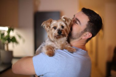 Güzel Yorkshire Teriyeri sahibiyle poz veriyor.