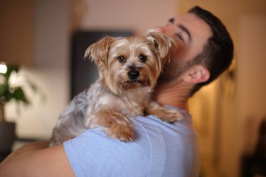 Güzel Yorkshire Teriyeri sahibiyle poz veriyor.