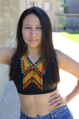 Geleneksel renkli elbiseli Amerikan yerlisi bir kadın. 