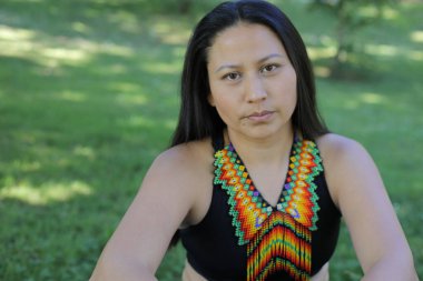 Geleneksel renkli elbiseli Amerikan yerlisi bir kadın. 