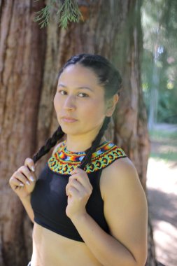 Geleneksel renkli elbiseli Amerikan yerlisi bir kadın. 