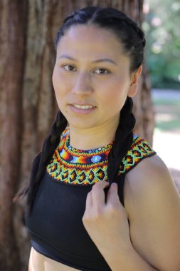 Geleneksel renkli elbiseli Amerikan yerlisi bir kadın. 