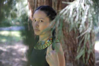 Geleneksel renkli elbiseli Amerikan yerlisi bir kadın. 