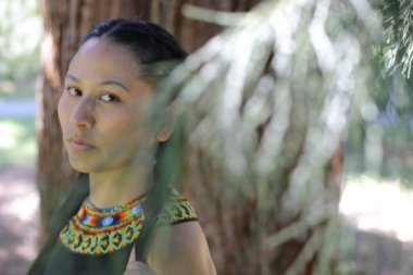 Geleneksel renkli elbiseli Amerikan yerlisi bir kadın. 