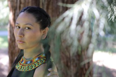 Geleneksel renkli elbiseli Amerikan yerlisi bir kadın. 