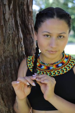 Geleneksel renkli elbiseli Amerikan yerlisi bir kadın. 