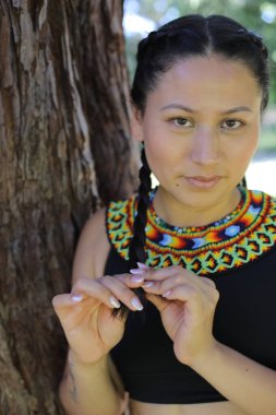 Geleneksel renkli elbiseli Amerikan yerlisi bir kadın. 