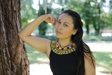 Geleneksel renkli elbiseli Amerikan yerlisi bir kadın. 