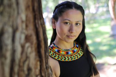 Geleneksel renkli elbiseli Amerikan yerlisi bir kadın. 