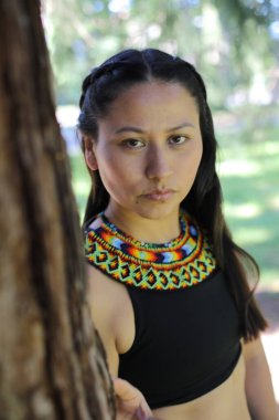 Geleneksel renkli elbiseli Amerikan yerlisi bir kadın. 