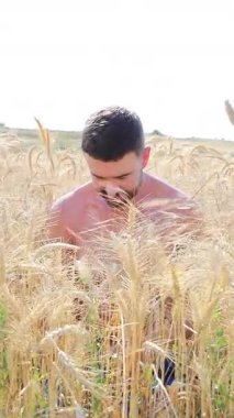 Genç yakışıklı adam buğday tarlasında, yaklaş.