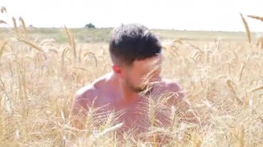 Genç yakışıklı adam buğday tarlasında, yaklaş.