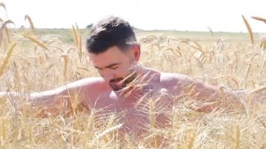 Genç yakışıklı adam buğday tarlasında, yaklaş.