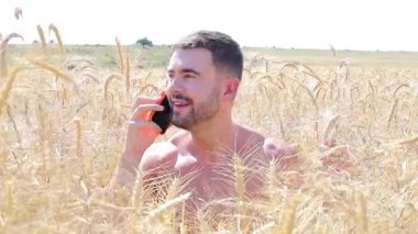 Akıllı telefonlu buğday tarlasında yakışıklı bir adam.
