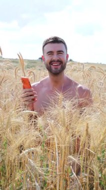 Akıllı telefonlu buğday tarlasında yakışıklı bir adam.