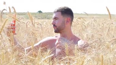 Buğday tarlasında mutlu genç adam, kapat.