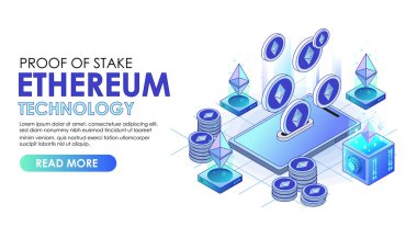 İzometrik kripto para birimi ethereum çözeltisi iniş sayfası konsepti, cep telefonu ethereum Crypto, ethereum dijital para birimi.