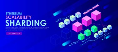 ethereum crypto scalabillity kesme blok izometrik ve fener zinciri yazma vektörü, illüstratör ağ şablonu ethereum kripto para birimi