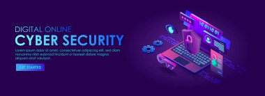 laptop with shield, Cyber Security concept. 3D Illustrator laptop and key data cyber security protection,isometric landing page template. Vector illustration. 