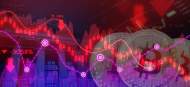 Banka dijital bitcoin üzerindeki mali grafik analizi bulanıklaştırılmış, Bitcoin kripto para birimi düşüş grafiği, kırmızı grafik veri stoku kripto iflasları