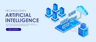 Teknoloji yapay zeka Isometric vektör, Bulut yapay zeka bileşimi, yapay zeka teknolojisi bilimsel araştırma kavramı, makine öğrenimi.
