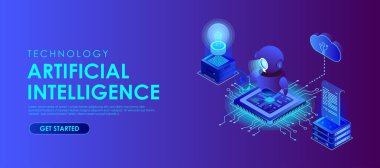 Elektrik robotu ve veri ağı ile yapay zeka kavramı, Isometric yapay zeka. Neuronet veya ai teknolojisi geçmişi