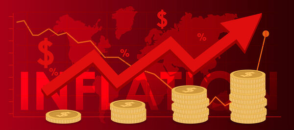 Inflation background worldwide due to pandemic. Graph showing increase in inflation ,inflation wording and arrow line chart vector on red background