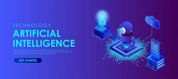 Elektrik robotu ve veri ağı ile yapay zeka kavramı, Isometric yapay zeka. Neuronet veya ai teknolojisi geçmişi