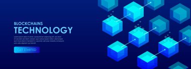 3D izometrik blok zinciri ve kripto para birimi teknolojisi konsepti, izometrik bloklar zincir illüstrasyon ve metin vektörü 