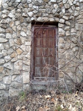 A weathered wooden door stands framed by a rough stone wall, showing signs of age, while tangled vines and dry leaves hint at nature reclaiming the area. clipart