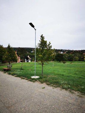 Sakin bir parkta, güneş enerjisiyle çalışan bir sokak lambası bir çakıl yolu boyunca genç ağaçların yanında duruyor. Bölgeyi çevreleyen yemyeşil, bulutlu gökyüzünün altında..