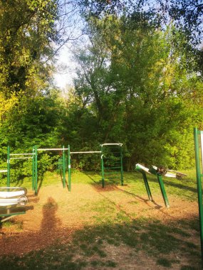 This fitness area features exercise equipment designed for outdoor use, surrounded by vibrant trees in a serene park setting during the late afternoon. clipart