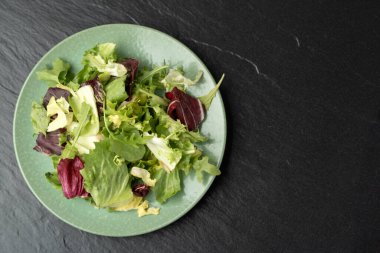 Salata karışımı arka planda kalır. Taze salata desenli roka, mor marul, ıspanak, frizbi ve bahçe yaprağı.