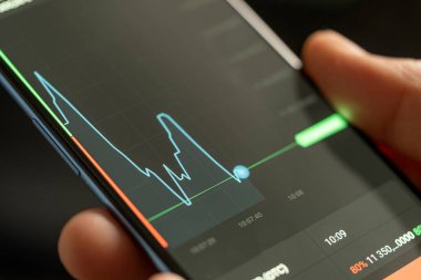 Financial Analyst Buy Stock on Invest Market Close-up. Working Business Man on Checking Data. Person Use Phone Analyze Growth Stocks Fund. Professional Looking on Touch Screen Monitor. Concept Digital