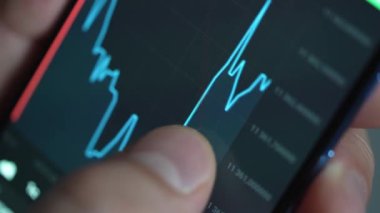 Buying stocks in the investment market in close-up. Checking data in the financial market. Using your phone to analyze a rising stock fund. Displaying a stock market chart on a touch screen monitor.