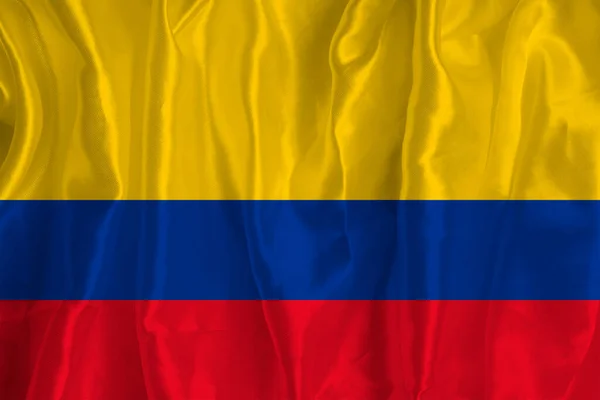 Bandeira Colômbia Sobre Fundo Seda Grande Símbolo Nacional Textura Tecido — Fotografia de Stock