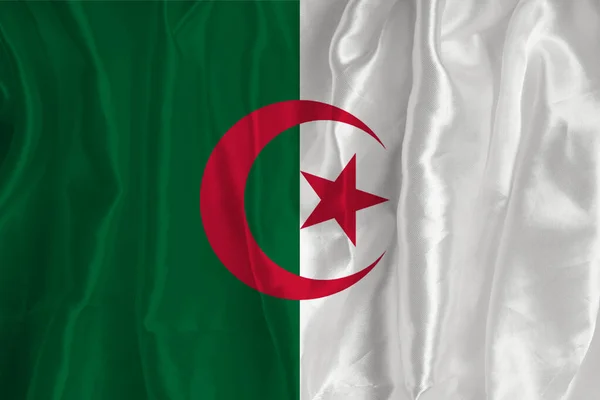 Alžírská Vlajka Hedvábném Pozadí Skvělým Národním Symbolem Textilní Textura Oficiální — Stock fotografie