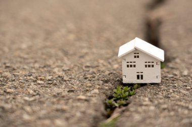 Ev deprem sırasında bir çatlağa düştü. Deprem ev sigortası konsepti Gayrimenkul düşüşü