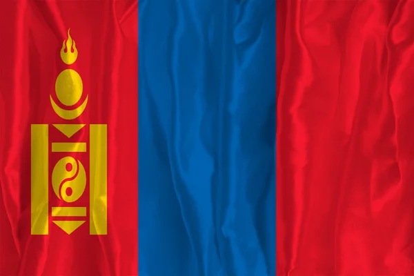Mongolská Vlajka Hedvábném Pozadí Skvělým Národním Symbolem Textura Tkanin Oficiální — Stock fotografie