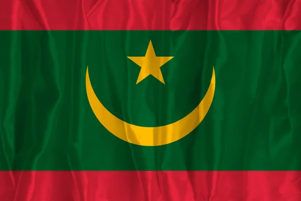 Mauritánská Vlajka Hedvábném Pozadí Skvělým Národním Symbolem Textura Tkanin Oficiální — Stock fotografie