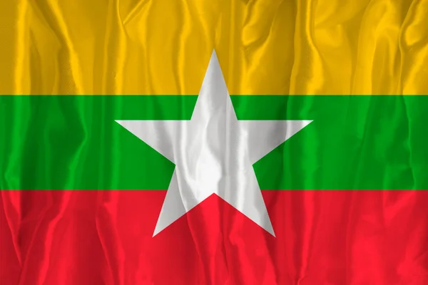 Myanmarská Vlajka Hedvábném Pozadí Skvělým Národním Symbolem Textura Tkanin Oficiální — Stock fotografie