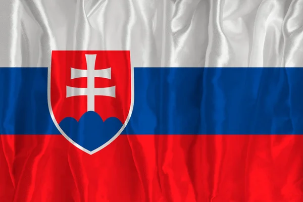 Прапор Словаччини Шовковому Тлі Великим Національним Символом Текстура Тканин Офіційний — стокове фото