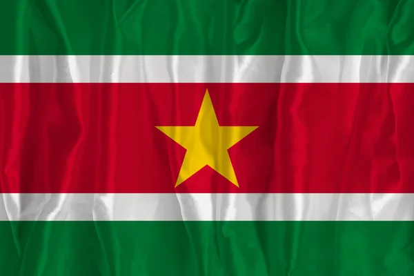 Surinamská Vlajka Hedvábném Pozadí Skvělým Národním Symbolem Textura Tkanin Oficiální — Stock fotografie